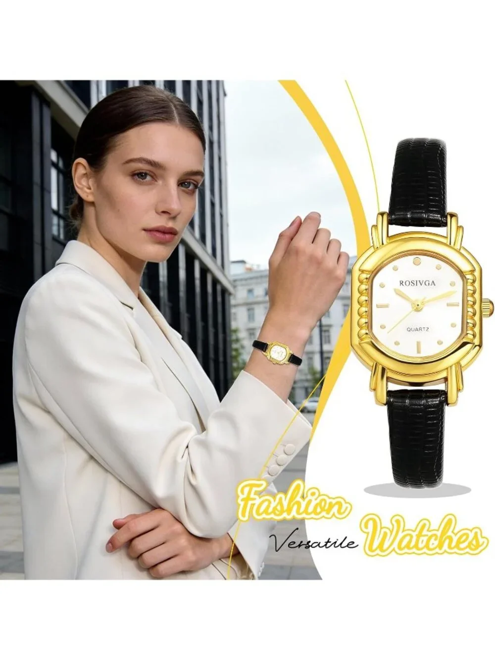 Women's Black White Ultra-Thin Square Dial Adjustable Leather Strap Wrist Watch